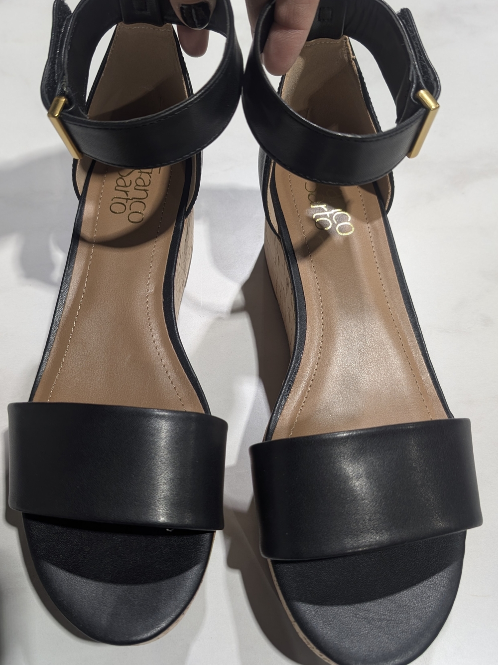 Franco Sarto Black Leather Ankle-Strap Wedge Sandals with Gold Buckle
